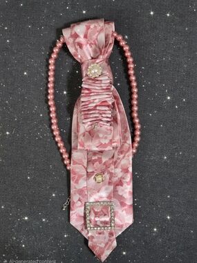Pink Floral Pearl-Accent Necktie Necklace with Beaded Loop
